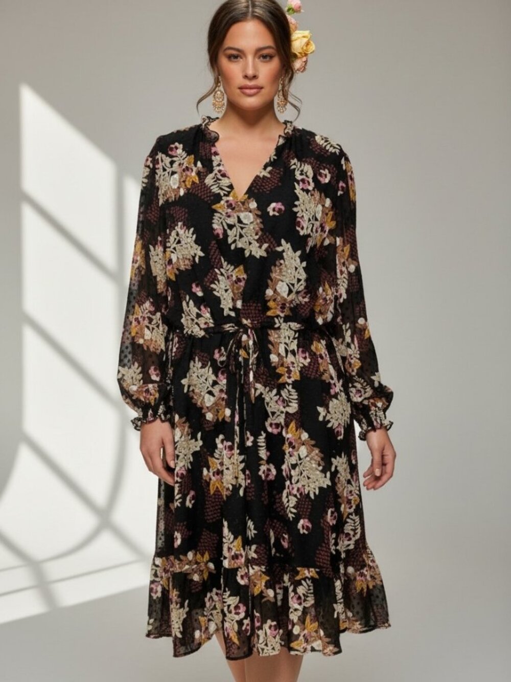 NWT Estelle Black Floral Swiss Dot Chiffon Dress 2X AUS 18 Sheer Ruffle Hem Boho